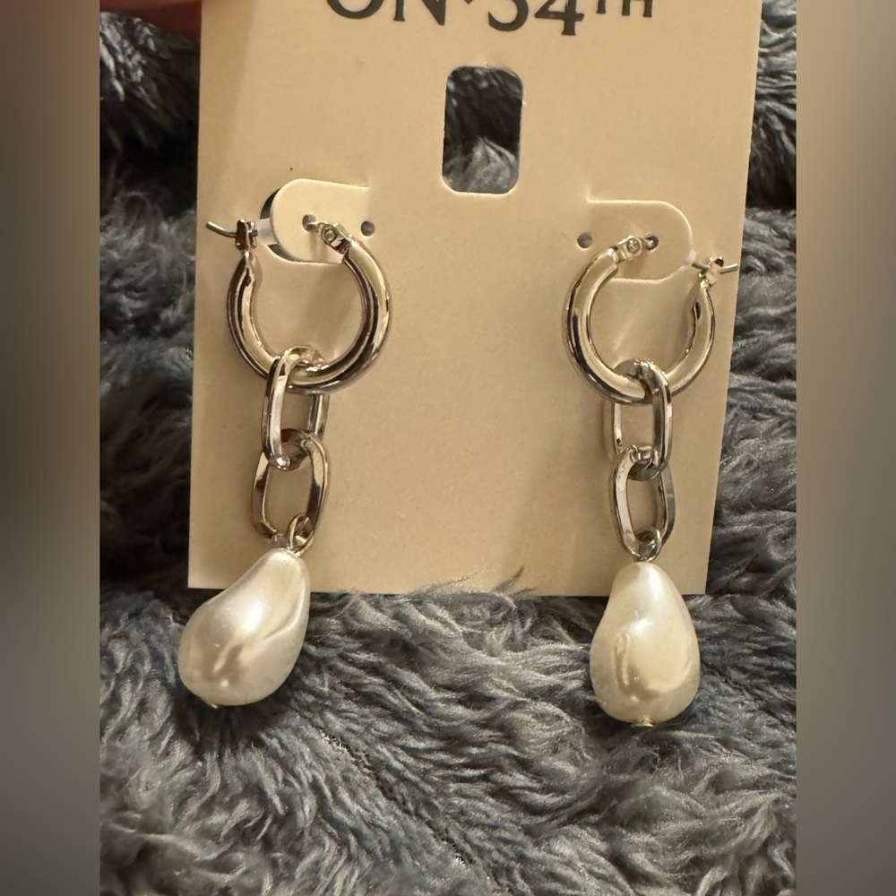 On 34th Silver and Pearl Dangling Earrings